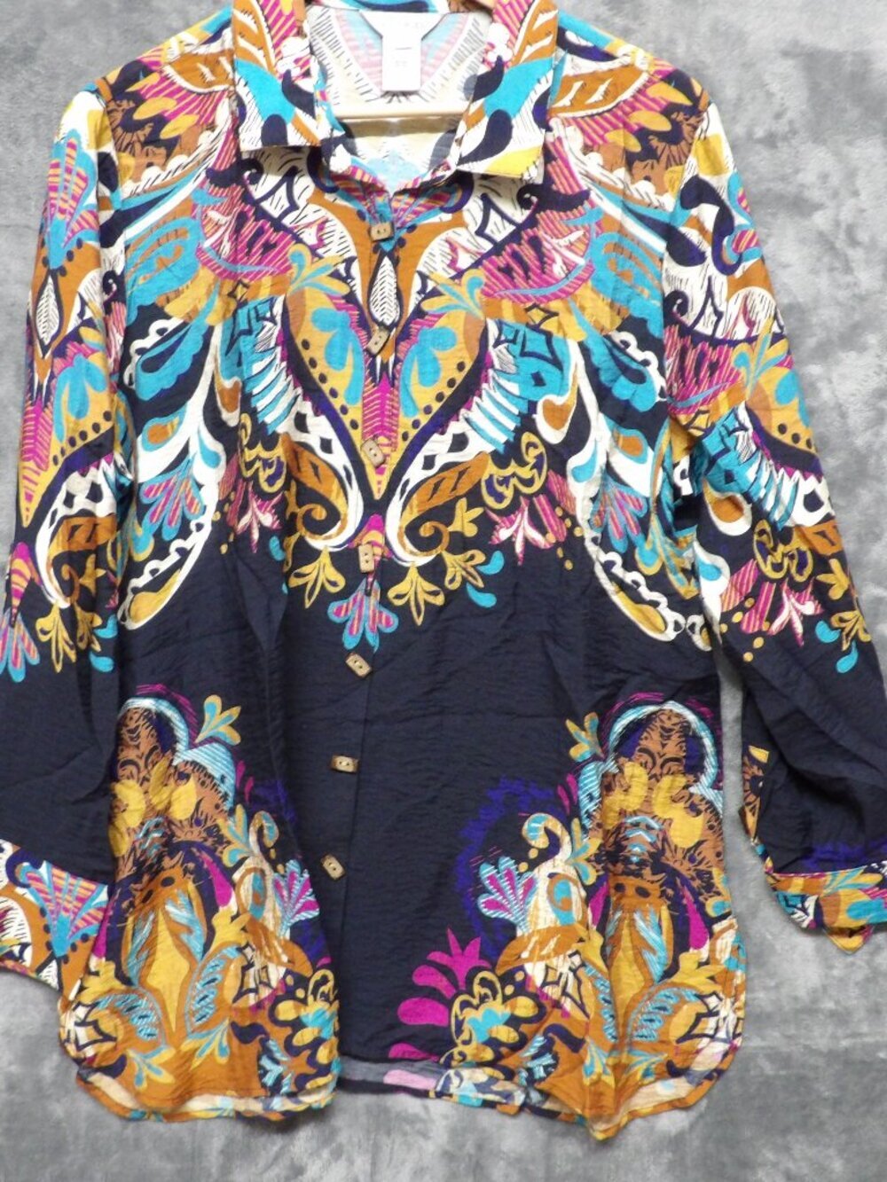 Multiples L Boho Print Button Front Blouse Colorful Tunic Top Womens 3/4 Sleeve - Picture 2 of 9